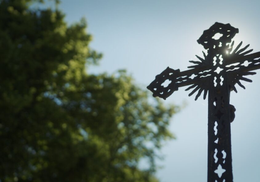 Ein Wegkreuz vor blauem Himmel, daneben die Krone eines Baumes.