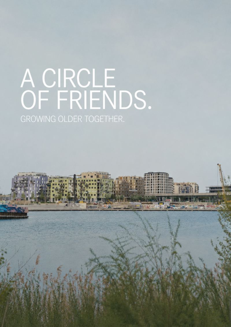 Poster for A Circle of Friends. View across the water towards Vienna’s Seestadt Aspern district, with modern residential buildings in the background. The documentary follows the residents of the Caritas shared housing community Melange and explores the experience of growing older together.